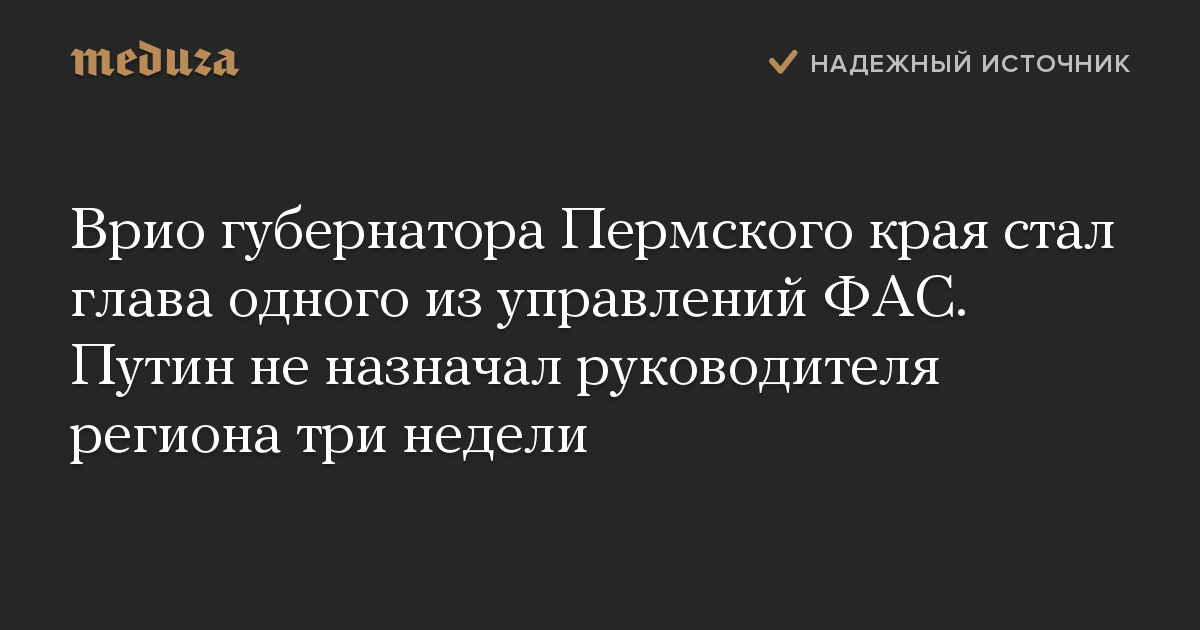 Врио губернатора Пермского края стал глава одного из управлений ФАС. Путин не назначал руководителя региона три недели