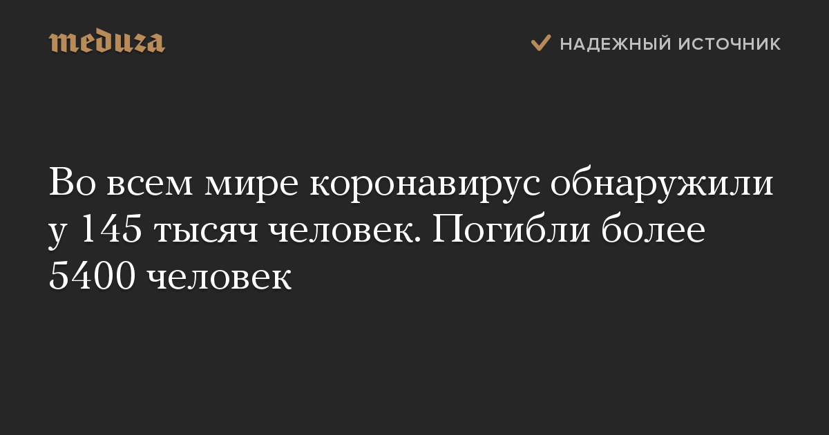 Во всем мире коронавирус обнаружили у 145 тысяч человек. Погибли более 5400 человек