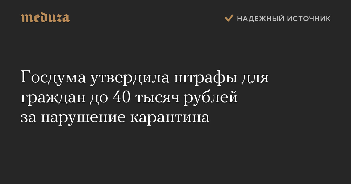 Госдума утвердила штрафы для граждан до 40 тысяч рублей за нарушение карантина