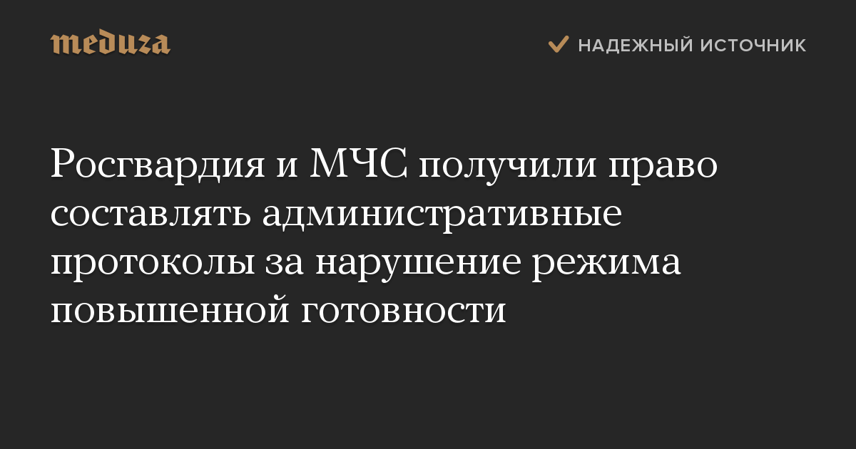 Росгвардия и МЧС получили право составлять административные протоколы за нарушение режима повышенной готовности