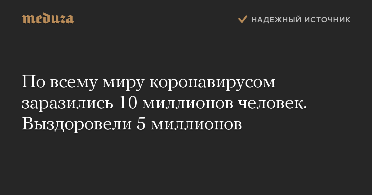 По всему миру коронавирусом заразились 10 миллионов человек. Выздоровели 5 миллионов