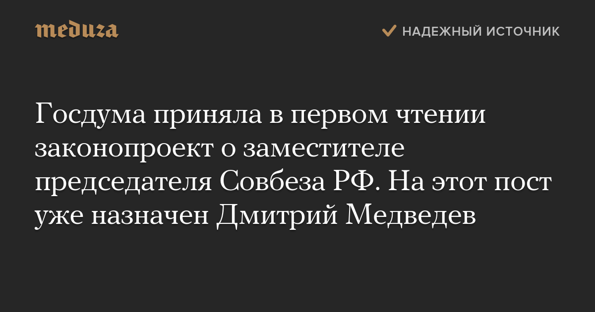 Госдума приняла в первом чтении законопроект о заместителе председателя Совбеза РФ. На этот пост уже назначен Дмитрий Медведев