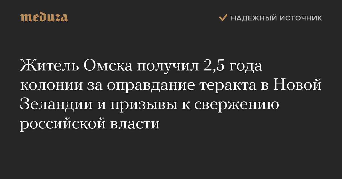 Житель Омска получил 2,5 года колонии за оправдание теракта в Новой Зеландии и призывы к свержению российской власти