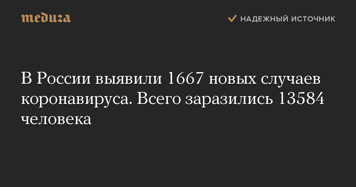 В России выявили 1667 новых случаев коронавируса. Всего заразились 13584 человека