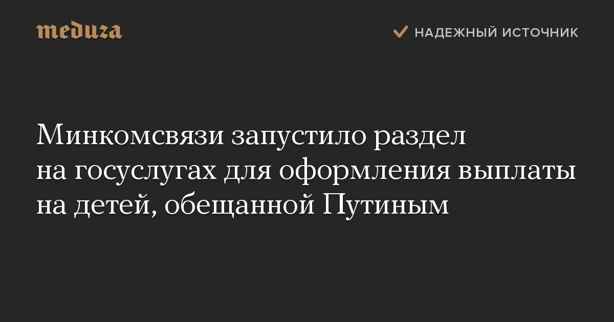 Минкомсвязи запустило раздел на госуслугах для оформления выплаты на детей, обещанной Путиным