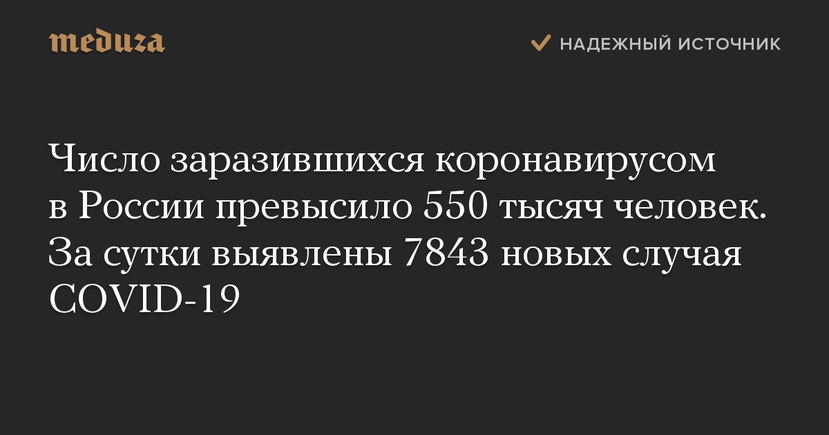 Число заразившихся коронавирусом в России превысило 550 тысяч человек. За сутки выявлены 7843 новых случая COVID-19