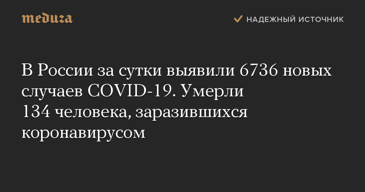 В России за сутки выявили 6736 новых случаев COVID-19. Умерли 134 человека, заразившихся коронавирусом