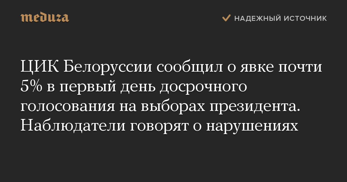 ЦИК Белоруссии сообщил о явке почти 5% в первый день досрочного голосования на выборах президента. Наблюдатели говорят о нарушениях