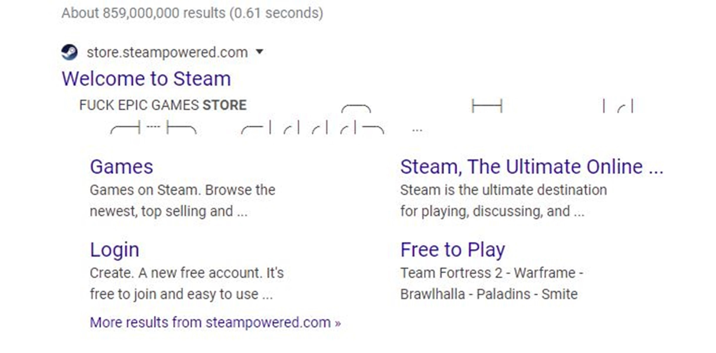 Steam начал отображаться в Google с подписью «F*ck Epic Games Store»