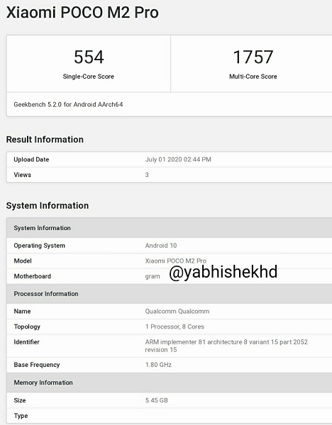 Доступный Xiaomi POCO M2 Pro был замечен в базе данных GeekBench