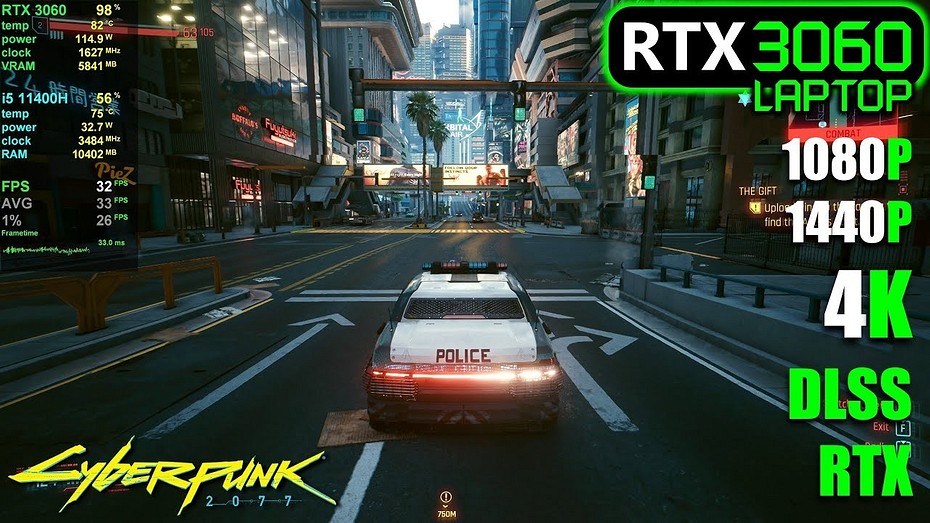 Мобильную GeForce RTX 3060 протестировали в Cyberpunk 2077 в разрешении 1080p, 1440p, 4K с DLSS и без