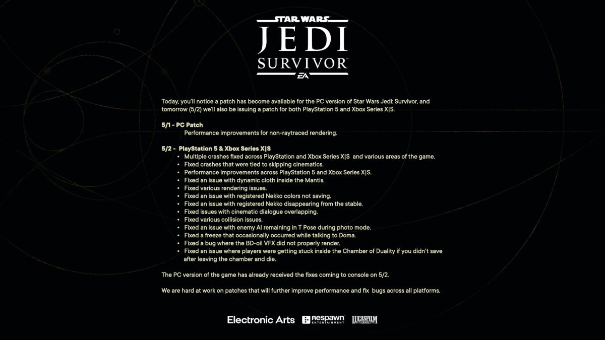 Первый патч для Star Wars Jedi: Survivor доступен для загрузки