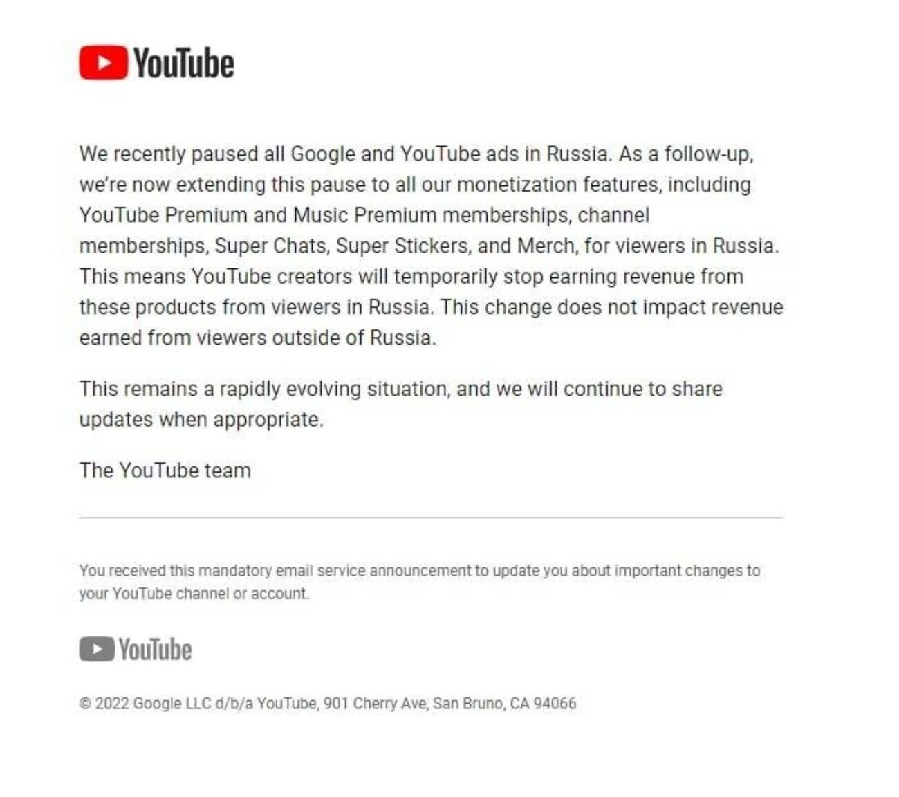 YouTube полностью приостановил монетизацию для пользователей из России