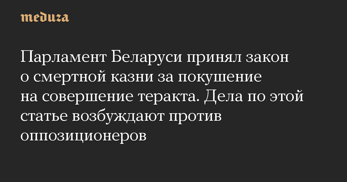 Парламент Беларуси принял закон о смертной казни за покушение на совершение теракта. Дела по этой статье возбуждают против оппозиционеров