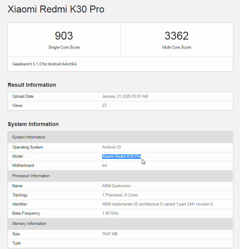 Redmi K30 Pro протетировали в Geekbench