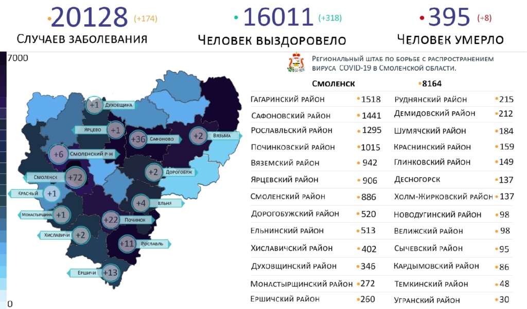 В Смоленской области новые случаи коронавируса выявили в 14 районах