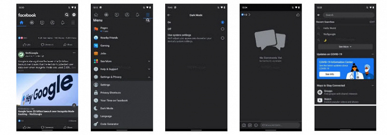 Facebook для Android получит темную тему, функция отслеживания коронавируса и беззвучный режим