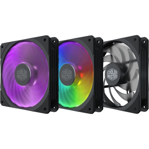 Три модели вентиляторов Cooler Master серии MasterFan SF120R: с простой RGB-подсветкой, с адресуемой многозонной подсветкой и без подсветки