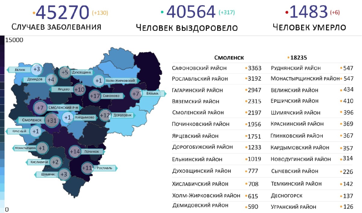 В 17 районах Смоленской области выявили зараженных коронавирусом